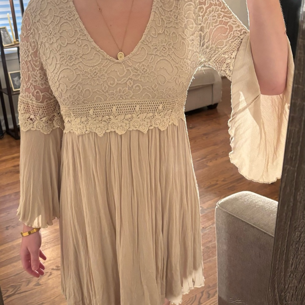 Easel Lace and Pleated Cream Dress